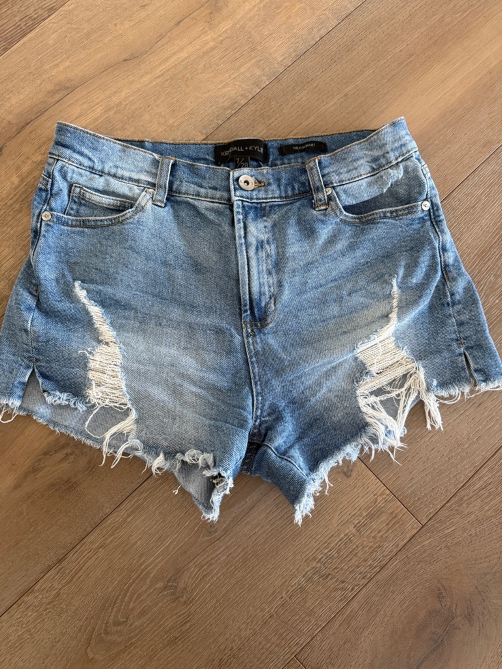 Kendall & Kylie Frayed Ripped Denim Shorts - Medium Blue